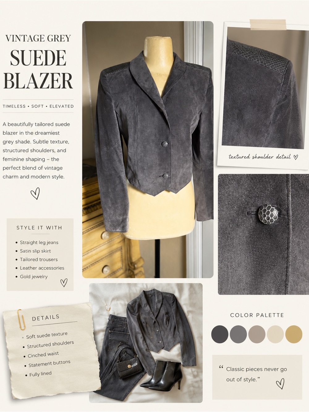 Vintage Gabriel Levy Gray Suede‎ Leather Jacket cropped  Blazer Size S Canada